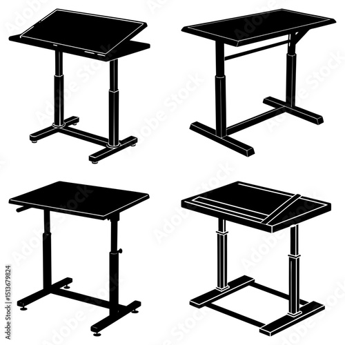 Four adjustable height tables with different top designs in black and white illustration style