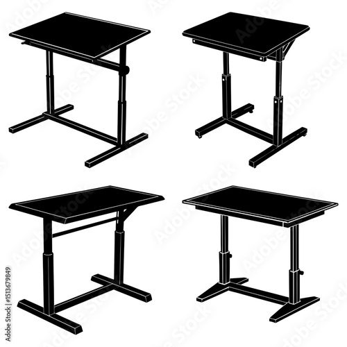 Four black adjustable height tables with rectangular tops and t shaped bases in varying positions