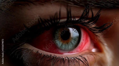 Inflamed human eye with visible blood vessels in sclera representing conjunctivitis, eye irritation, or related medical condition