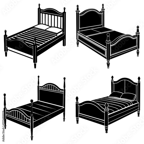 Four different styles of beds are displayed in a black and white vector graphic illustration setup