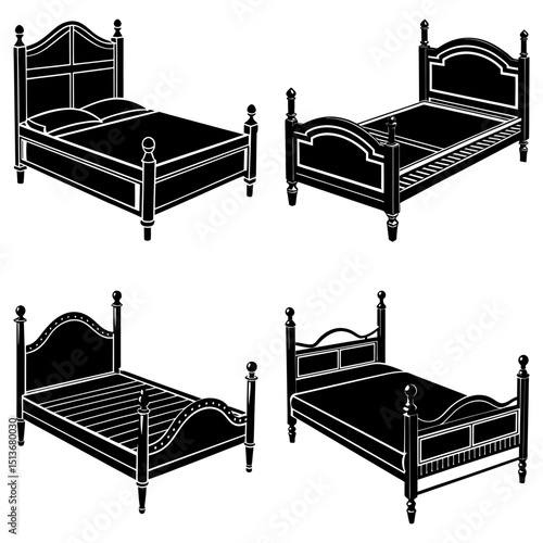 Four black and white illustrations of beds with headboards and footboards in different styles and designs