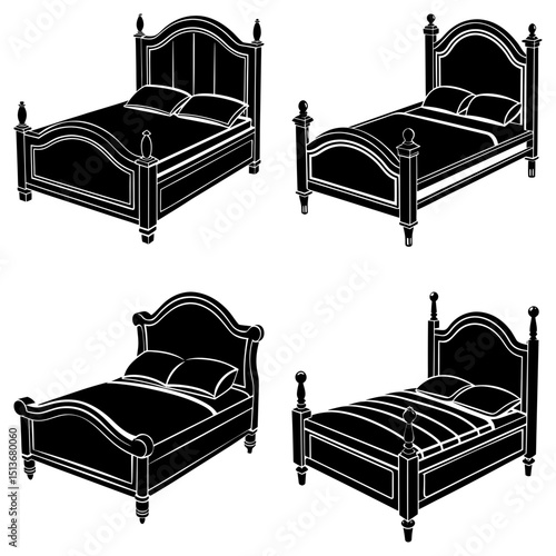 Four poster beds in black and white with pillows and decorative headboards in a simple graphic style