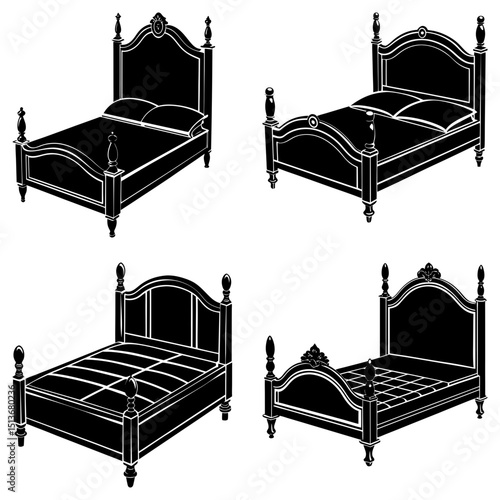 Four poster beds in black and white showing different styles and design variations in a grid layout
