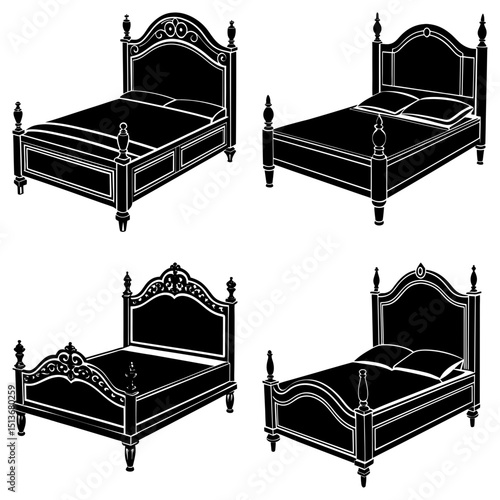Four poster beds in black and white with ornate headboards and footboards in a vector graphic style