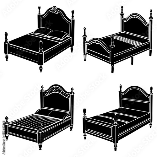 Four poster beds in black and white showcasing different designs and styles for bedroom furniture