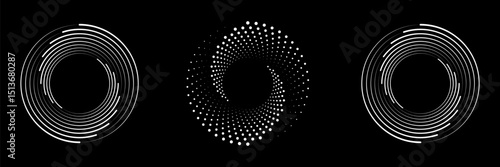 Set of speed lines in circle form. Halftone dotted speed lines. Abstract geometric circles with rotating radial lines who consisting of two sections. Vector