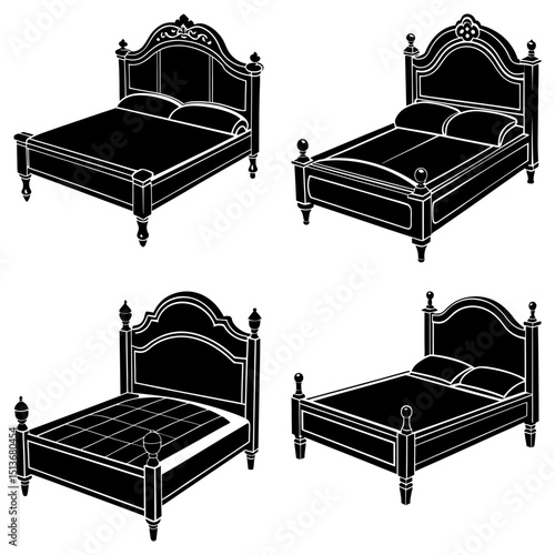 Four poster beds with decorative headboards and ornate designs in a monochrome black and white illustration