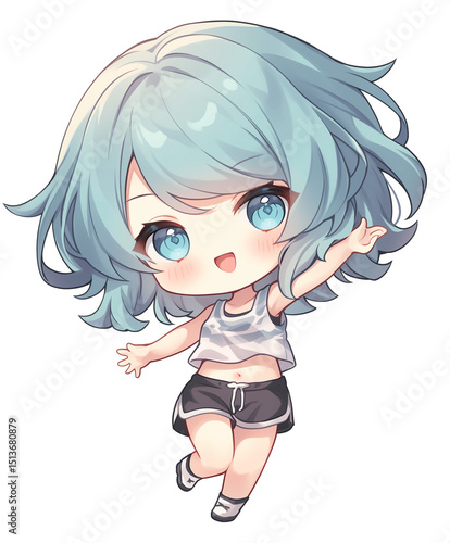 Teal-haired Chibi cartoon illustration of a smiling girl | happy | transparent png