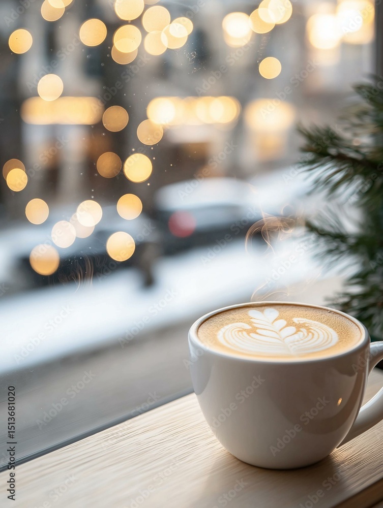 Obraz premium White cup of coffee on a wooden table in front of a window. the cup is filled with a latte art, which is a type of coffee with intricate swirls and patterns.