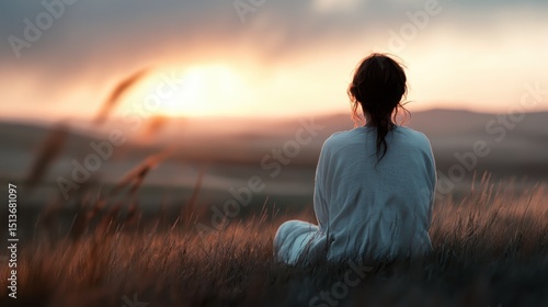 A woman in a white dress sits quietly in a field at sunset, embodying peace, mindfulness, and the connection between humanity and nature in serene surroundings.