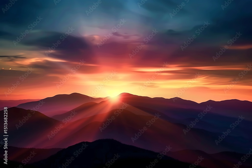 Golden evening sun descends over the cloud-kissed mountains, painting the sky in fiery orange and red hues Golden evening sun descends over the cloud-kissed mountains, painting the sky in fiery orange and red hues