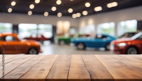 Empty wood table top with cars in a showroom car dealership blurred defocused background for product display montage, a car showroom interior with a wooden table, wallpaper, created with generative ai