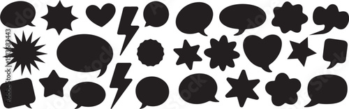Black-themed dialogue boxes, silhouette boxes, and empty comic bubbles styled with outline icons such as lightning, stars, hearts, and clouds