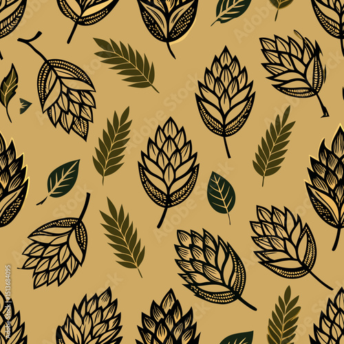 Stylized hops and barley leaves in seamless vector pattern design  