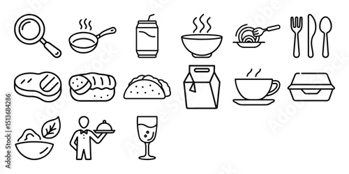 Food icons set with vector kitchen utensils and tools include drink icons like coffee cup and tea mug, suitable for restaurant or cafe design