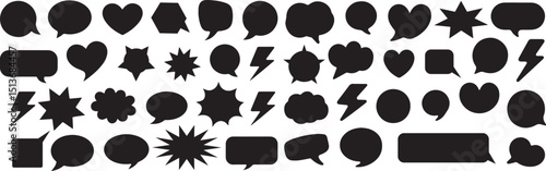 Set of black speech boxes, silhouette boxes, chat outlines, and comic bubbles, including symbolic designs like clouds, hearts, stars, and bolts.