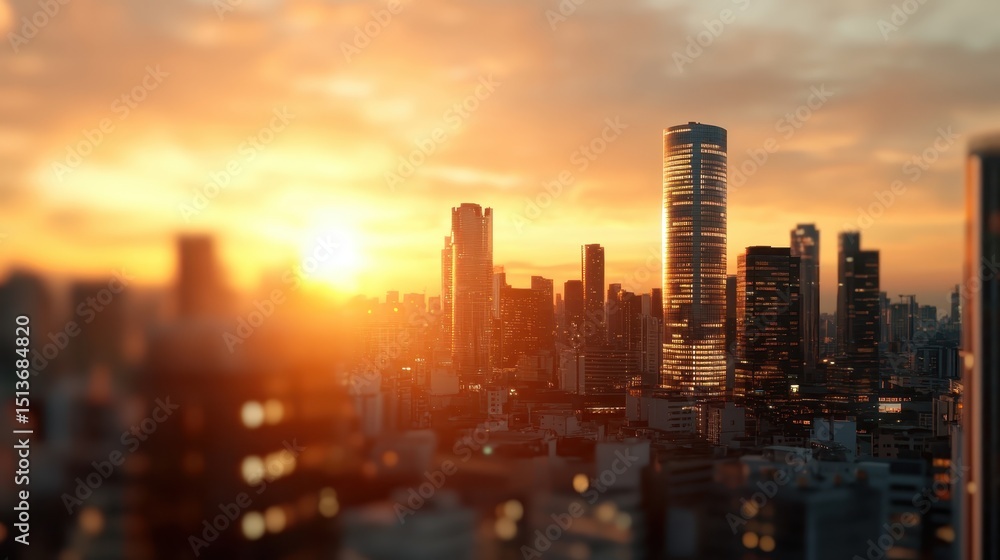 Obraz premium A breathtaking city skyline is illuminated by golden sunlight during sunset, creating a dramatic and vibrant reflection on the towering buildings and urban landscape.