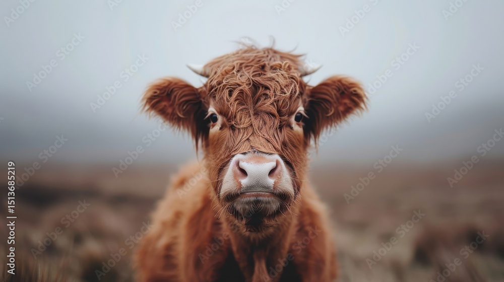 Obraz premium This image presents a charming cow highlighted by its fluffy fur and expressive face, conveying innocence and the beauty of rural life amidst a soft, misty backdrop.