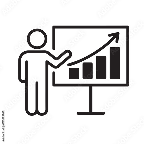 Business Presentation Illustration – Person with Upward Graph on Board in Flat Black and White Style