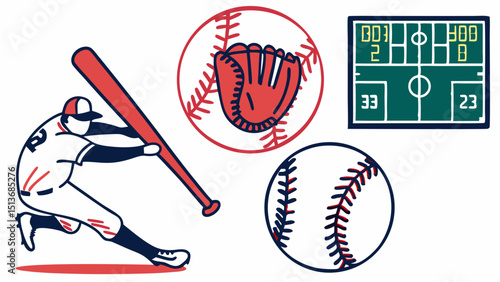 Baseball Icons and Players – Bats, Gloves, Balls, Fields, and Action Graphics