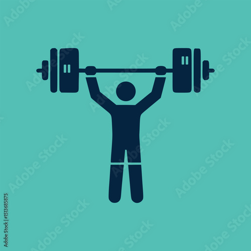 Flat style icon vector showing an athletic man lifting a barbell above his head in an upright standing position