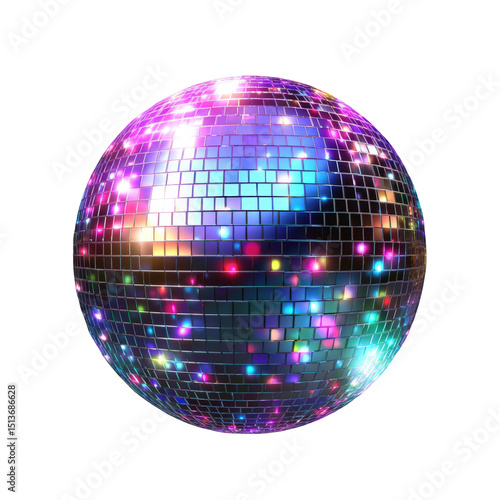 Disco ball colorful shiny reflective party nightclub decoration festive celebration event lighting mirror ball sparkling glowing bright lights discotheque rainbow red fun 70s on transparent background