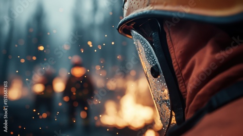 A firefighter in protective gear stands determinedly amidst a wildfire, capturing the bravery, resilience, and urgency of the battle against raging flames in a smoke-filled environment.