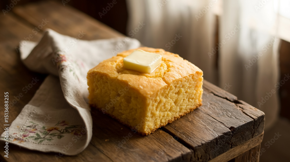 A photograph of a square slice of golden cornbread resting on a linen-covered table. A photograph of a square slice of golden cornbread resting on a linen-covered table.