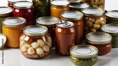 Assortment of Canned and Jarred Foods A Diverse Collection of Preserved Vegetables, Fruits, and Meats