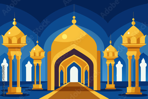 interior of an elaborately tiled mosque lit by go