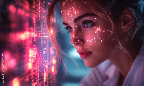 Woman interacts with a digital interface