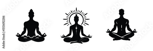 Silhouettes of Meditating Figures in Lotus Position with Radiant Aura, Spiritual and Wellness Concept
