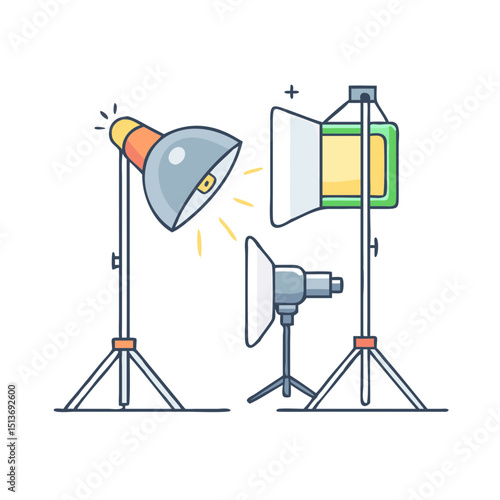 Cartoon illustration of photography studio lighting equipment with different types of lights