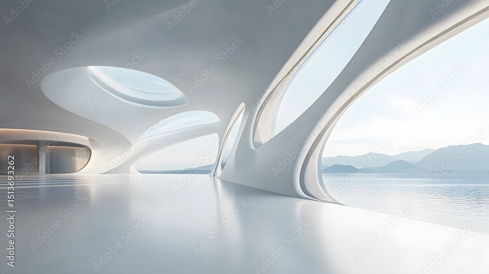 Fototapeta premium minimal futuristic hall with natural views through large windows,