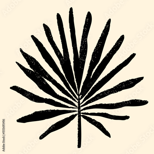 Hand-drawn palm leaf silhouette with grunge texture. Tropical botanical vector perfect for eco designs, organic branding, natural posters, slow living themes, wall art, and boho decor sets.