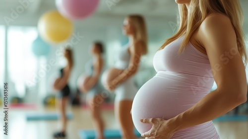 A serene scene of multiple pregnant women engaging in yoga classes, promoting wellness and mindfulness as they prepare for motherhood, surrounded by a calming atmosphere.