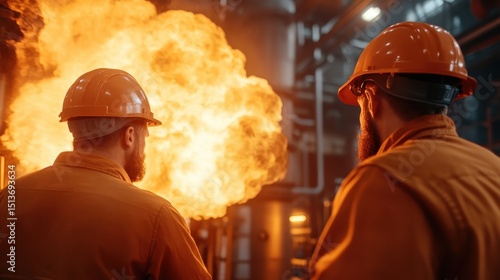 Two workers in safety helmets watching an industrial fire in a factory, embodying the intense environment of industrial work and the importance of safety and awareness.