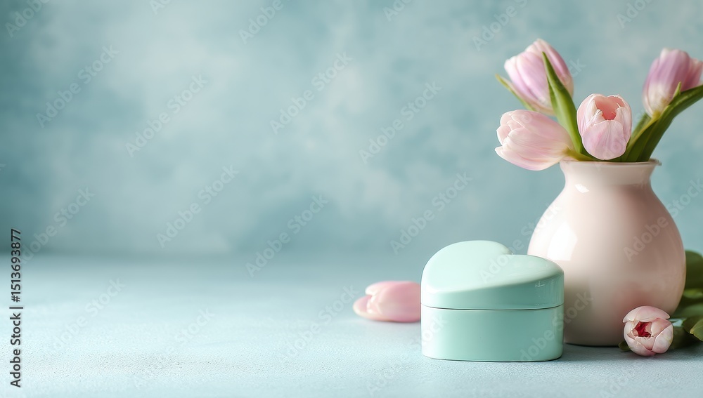 Delicate pastel pink tulips in vase, heart-shaped teal box on light blue backdrop Delicate pastel pink tulips in vase, heart-shaped teal box on light blue backdrop