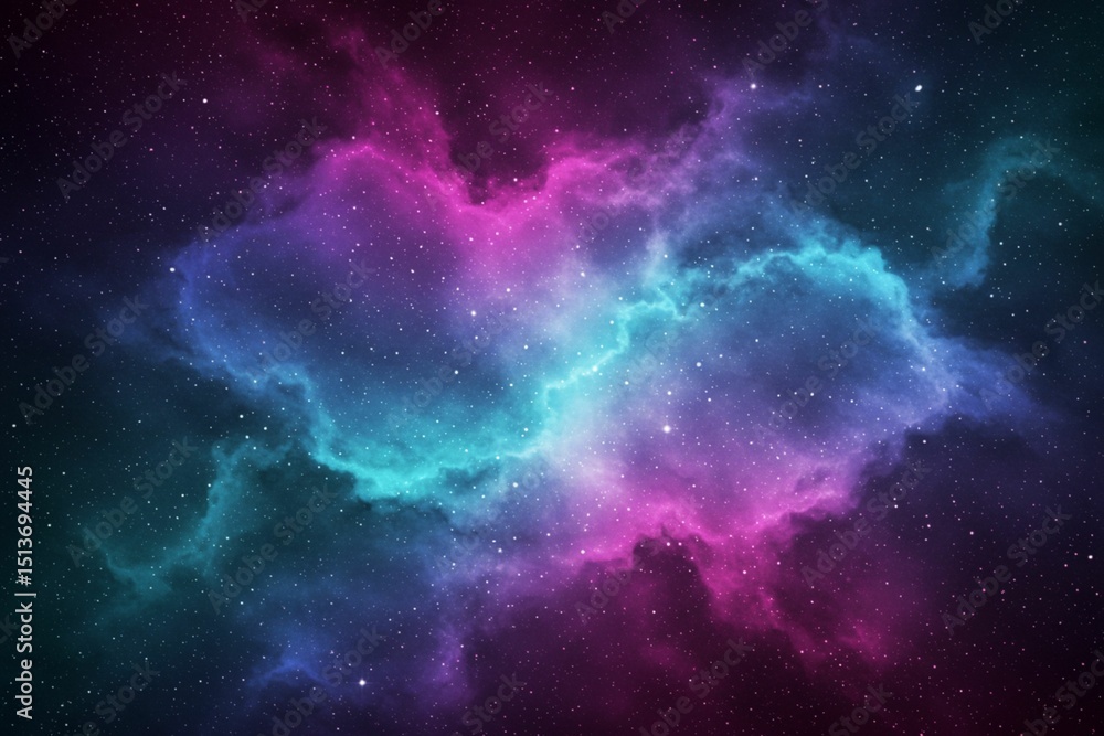 Fototapeta premium Vibrant Cosmic Nebula Dreamscape Background with Swirling Indigo, Magenta, and Teal Colors and Soft Starry Glow