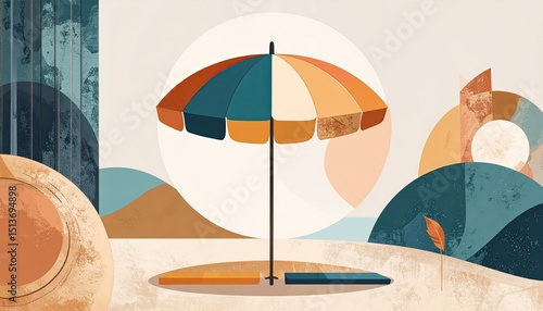 Abstract beach scene featuring a colorful umbrella, sand, minimalist hills, and a large sun in a stylized environment