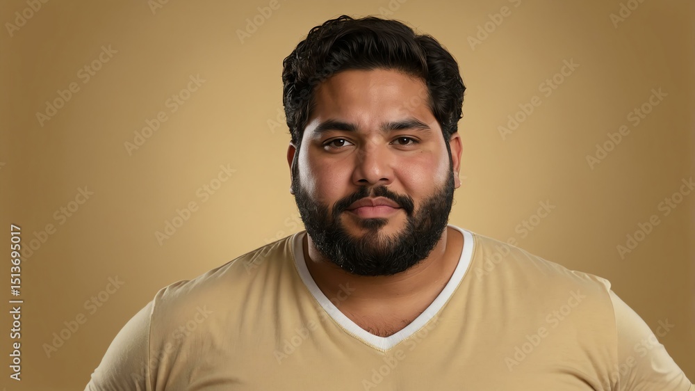 Fototapeta premium Plus size Hispanic man plain gold background, looking proud