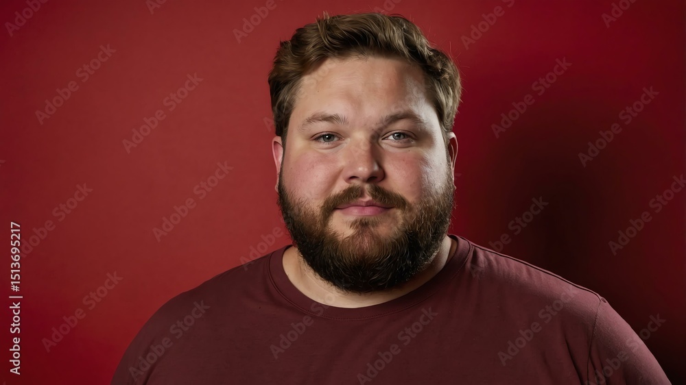 Fototapeta premium Plus size Caucasian man plain red background, looking proud