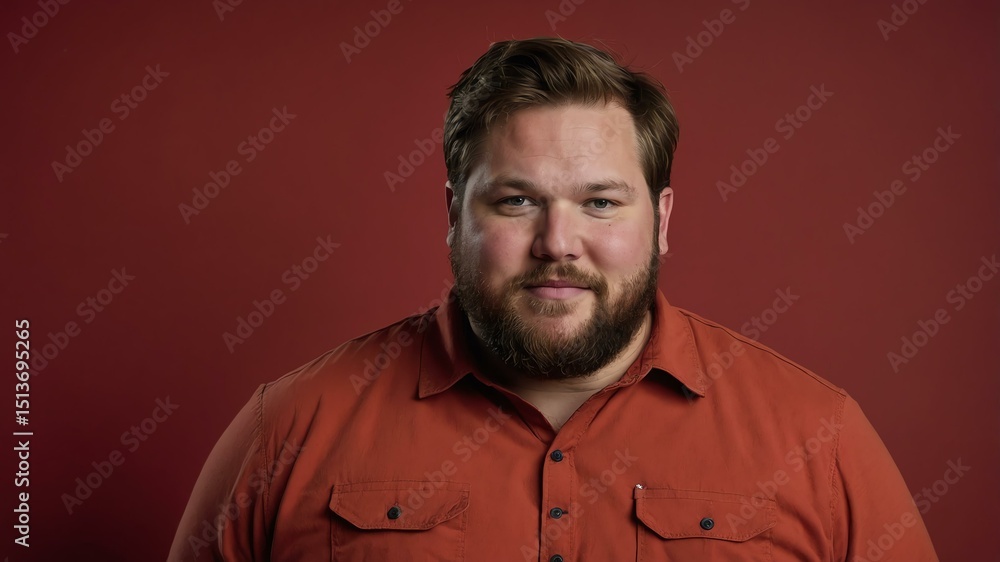 Fototapeta premium Plus size Caucasian man plain red background, looking proud