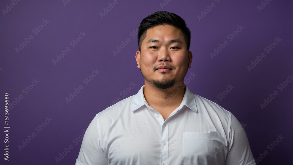 Fototapeta premium Plus size Asian man plain purple background, looking proud
