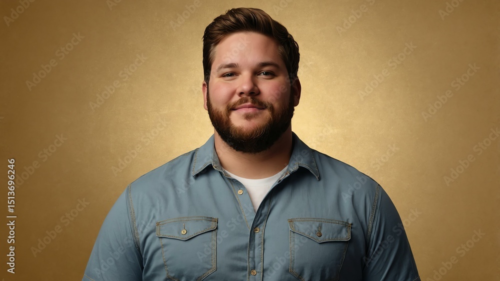 Fototapeta premium Plus size American man plain gold background, looking proud