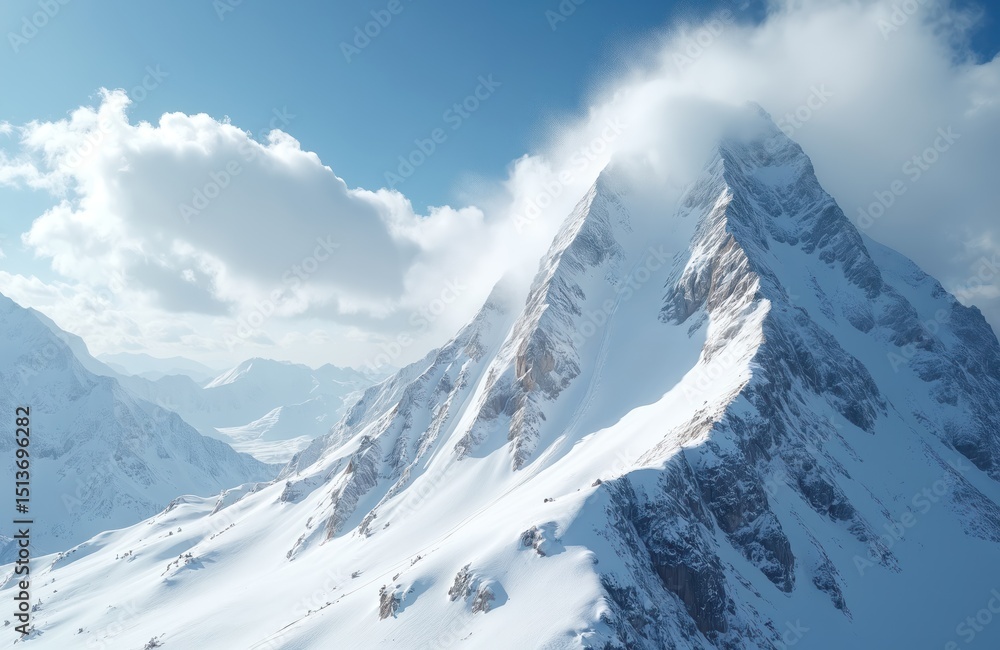 Fototapeta premium Snow-covered mountain peak against blue sky. Winter landscape. scenery. Icy cold environment, clouds and snow. Travel, extreme adventure concept. Remote locations for outdoor activities.
