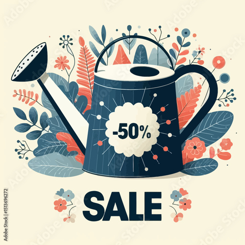A watering can with "-50%" and "SALE" text, surrounded by floral elements. Use this for spring sale promotions, gardening discounts on websites/blogs.