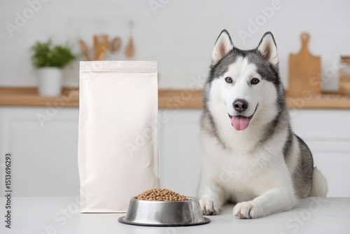 Siberian husky sitting beside dog bowl full of dog foods with blank pet food bag mockup placed near the dog in white kitchen for dog food advertising commercial