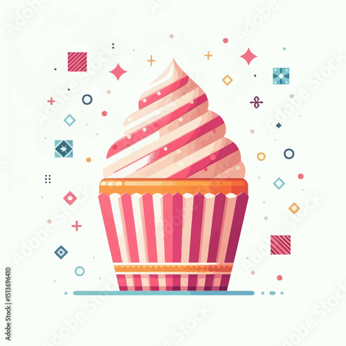 A stylized cupcake with pink and white striped frosting and wrapper, surrounded by geometric shapes. Use this for food, dessert, or celebration themes on websites/blogs.