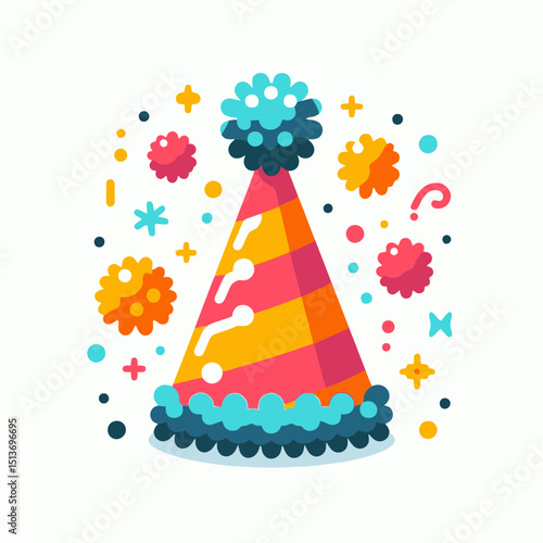A striped party hat with a pompom and scattered confetti, ideal for blogs on birthdays, celebrations, parties, or festive events.